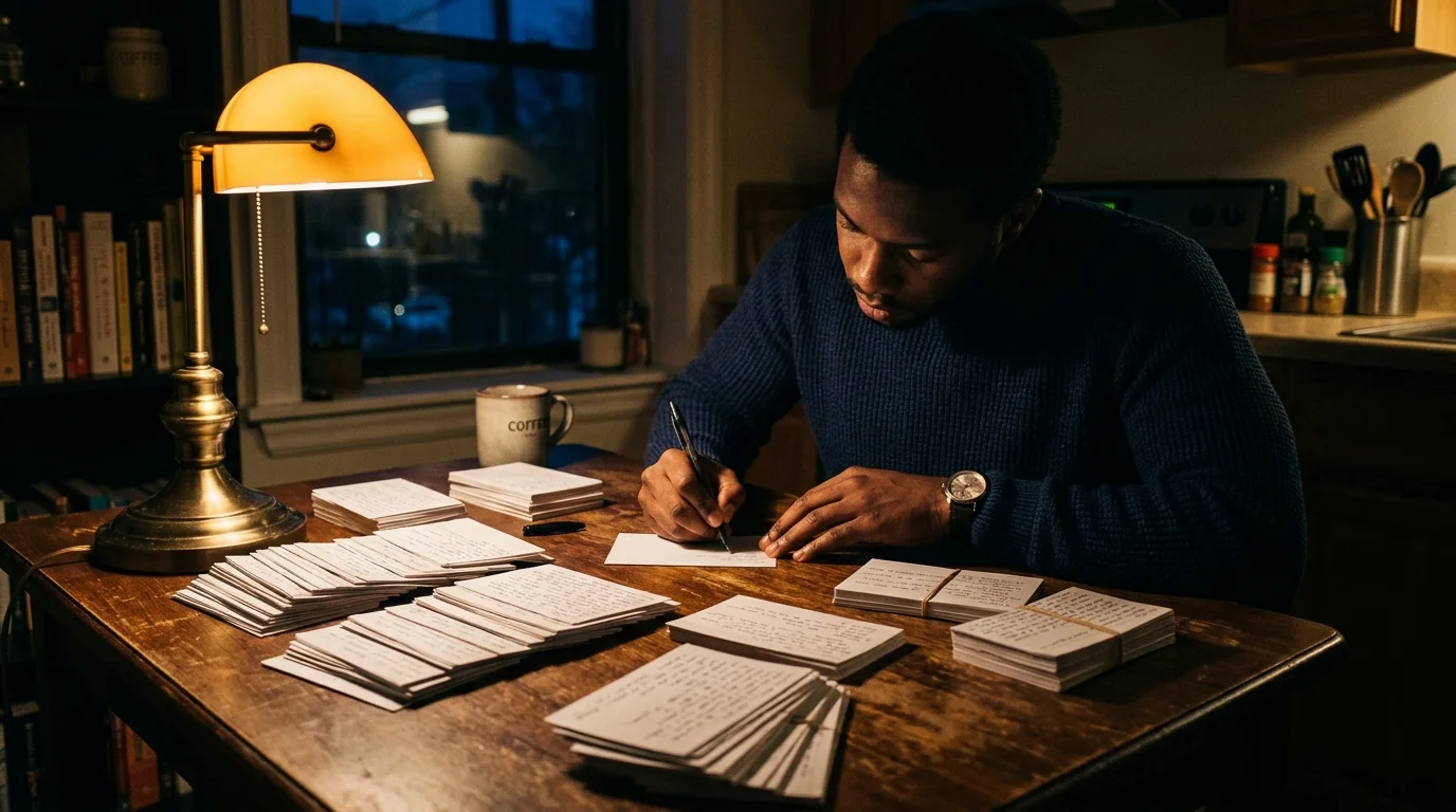 Person sorting flashcard piles at a kitchen table to memorize USCIS civics questions