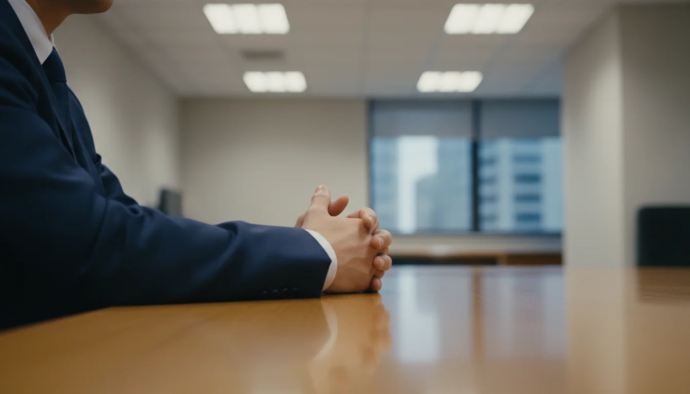 Two hands folded on a bare government desk, no notes allowed at naturalization interview