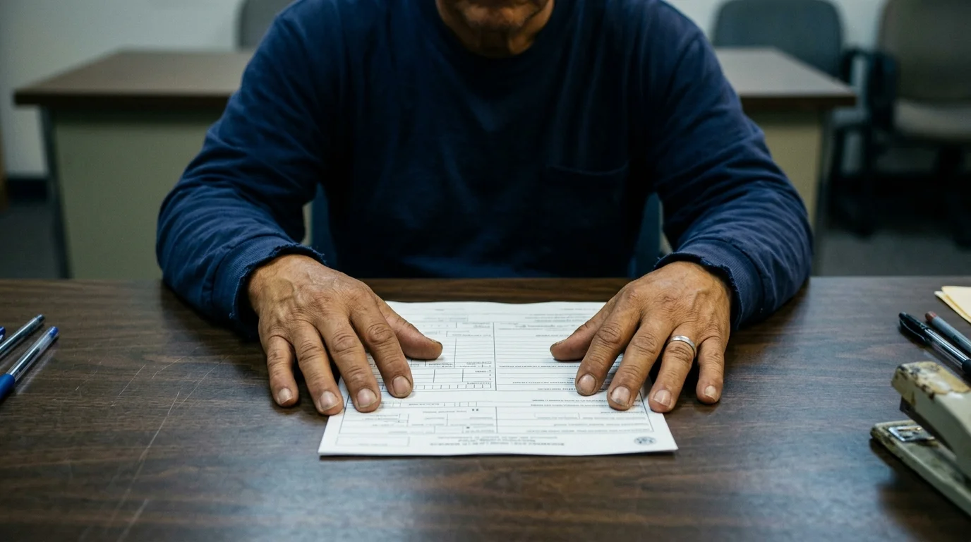 Person's hands resting on an open government application form, quiet anxiety before a USCIS naturalization interview