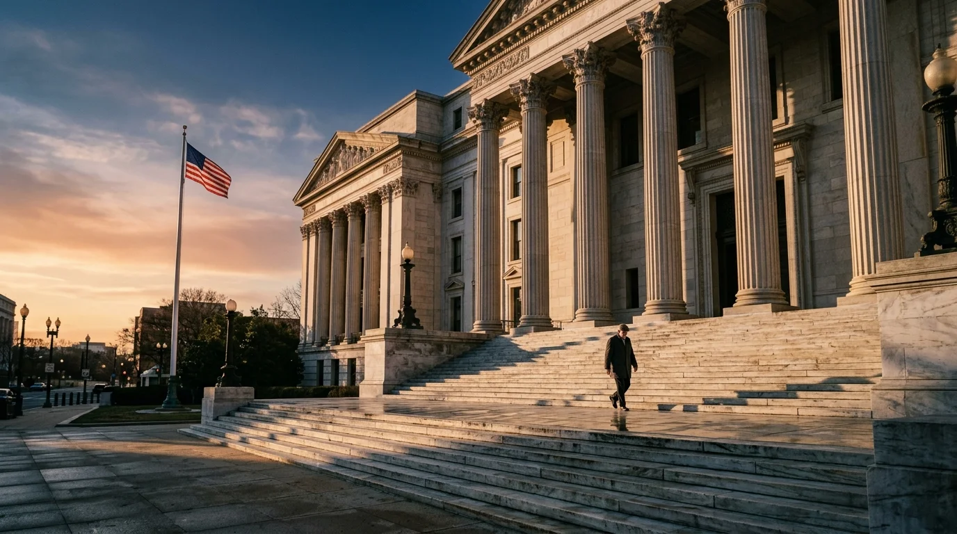 Exterior columns of a federal courthouse at dawn, warm light on stone steps — federal court vacates USCIS memos 2026