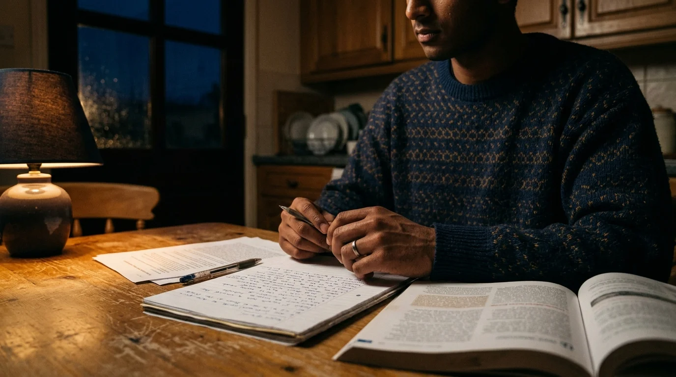 South Asian person studying civics flashcards at a kitchen table, memorizing US citizenship questions