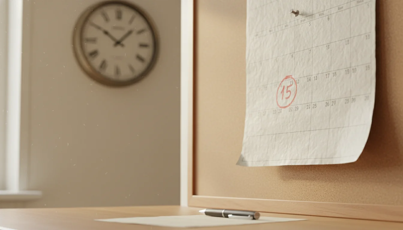 Wall calendar with circled date and clock in background, waiting for naturalization process timeline