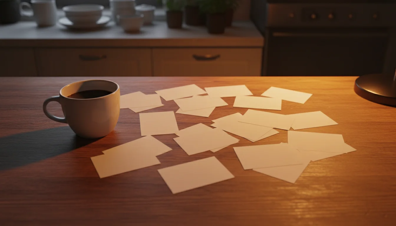 Hands arranging civics flashcards on a kitchen table at night, USCIS civics questions practice