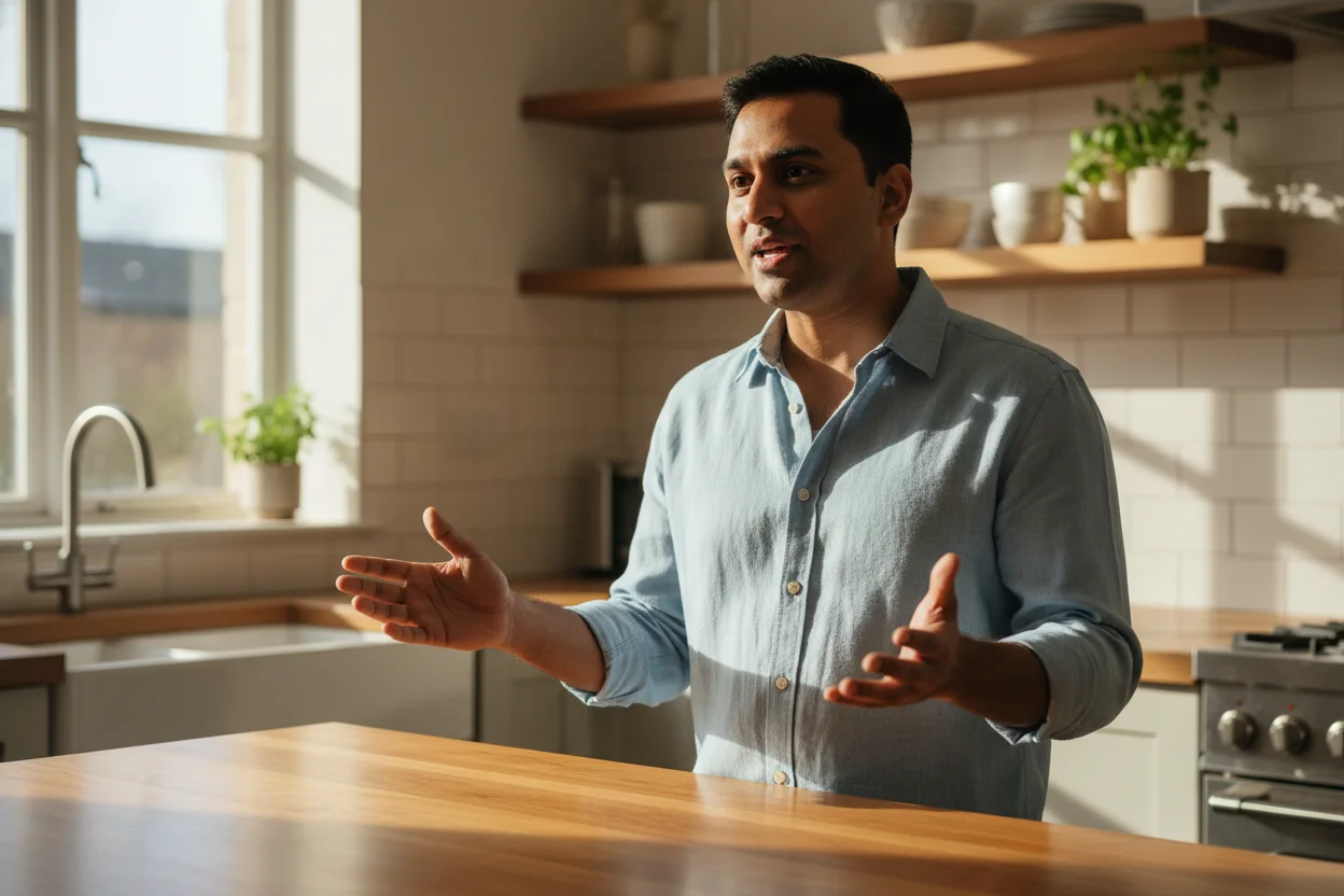 Person in profile practicing speaking aloud in kitchen, preparing to answer civics questions