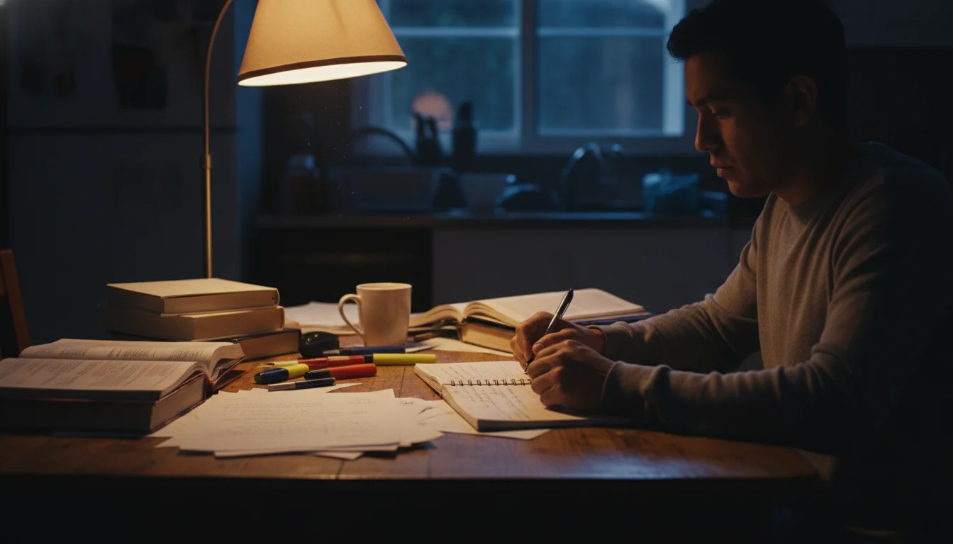 Person studying for the US citizenship civics test with notes and study materials spread on a table