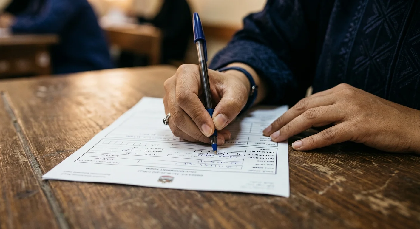 Close-up of hands filling out an official government form — rights and responsibilities of US citizenship