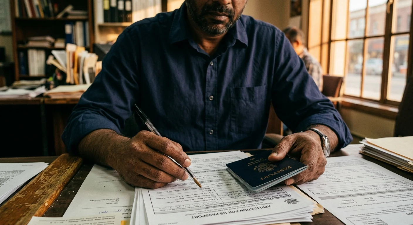 Person from shoulders down holding a US passport over government forms on a desk — US citizenship renunciation fee and process 2026