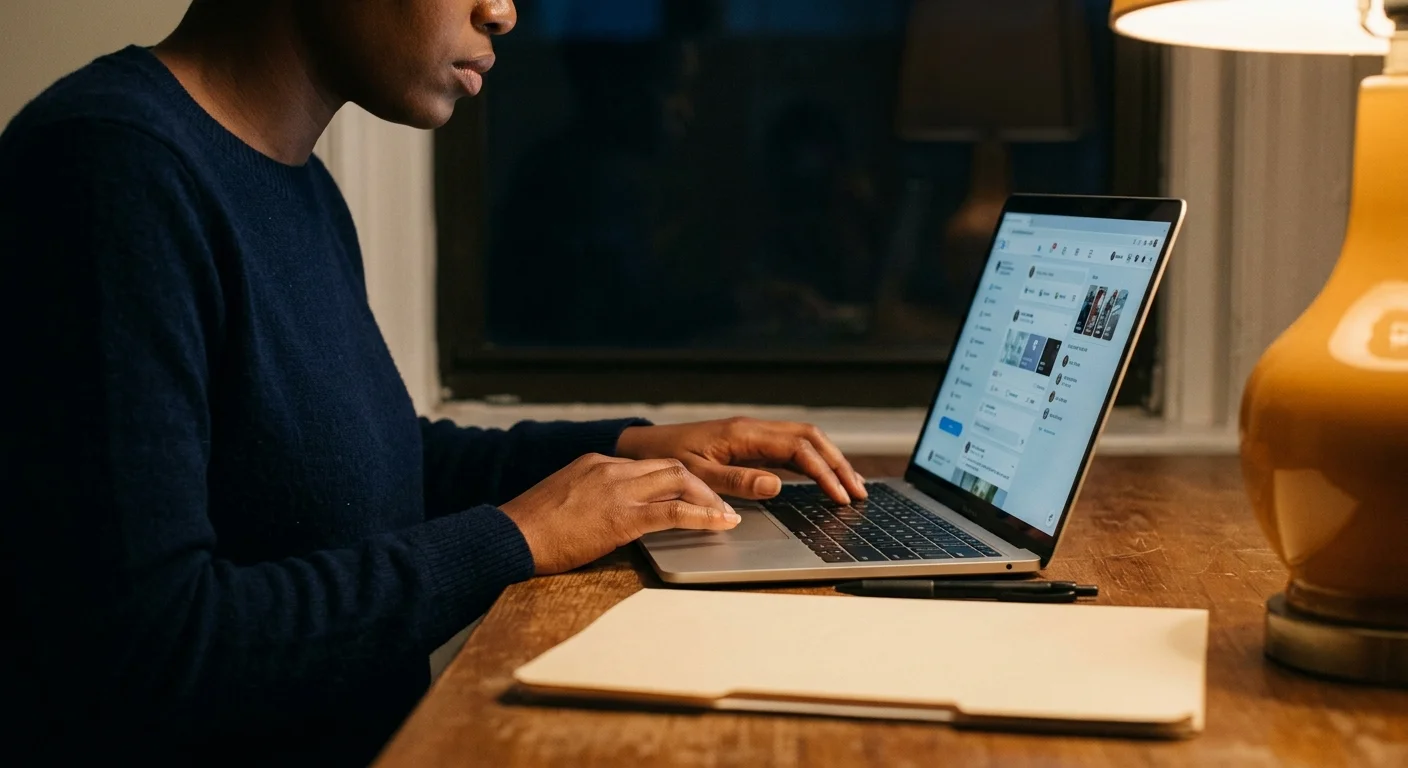 Person from shoulders down at a laptop at night with documents beside it — USCIS social media check naturalization 2026