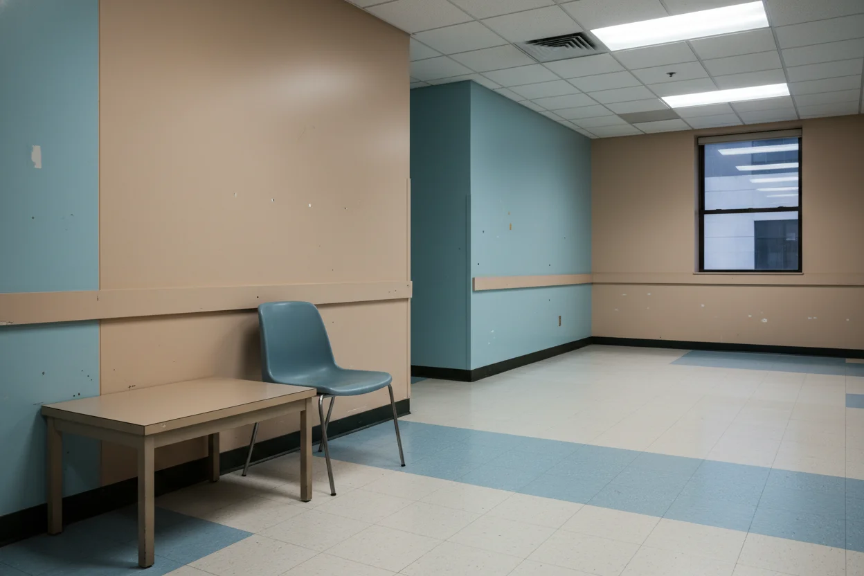 Empty government waiting room chair beside a small table, quiet institutional setting