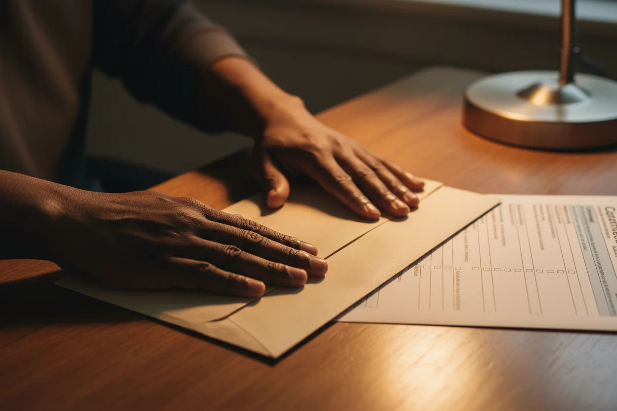 Hands sealing an official envelope with documents, filing the N-400 naturalization application