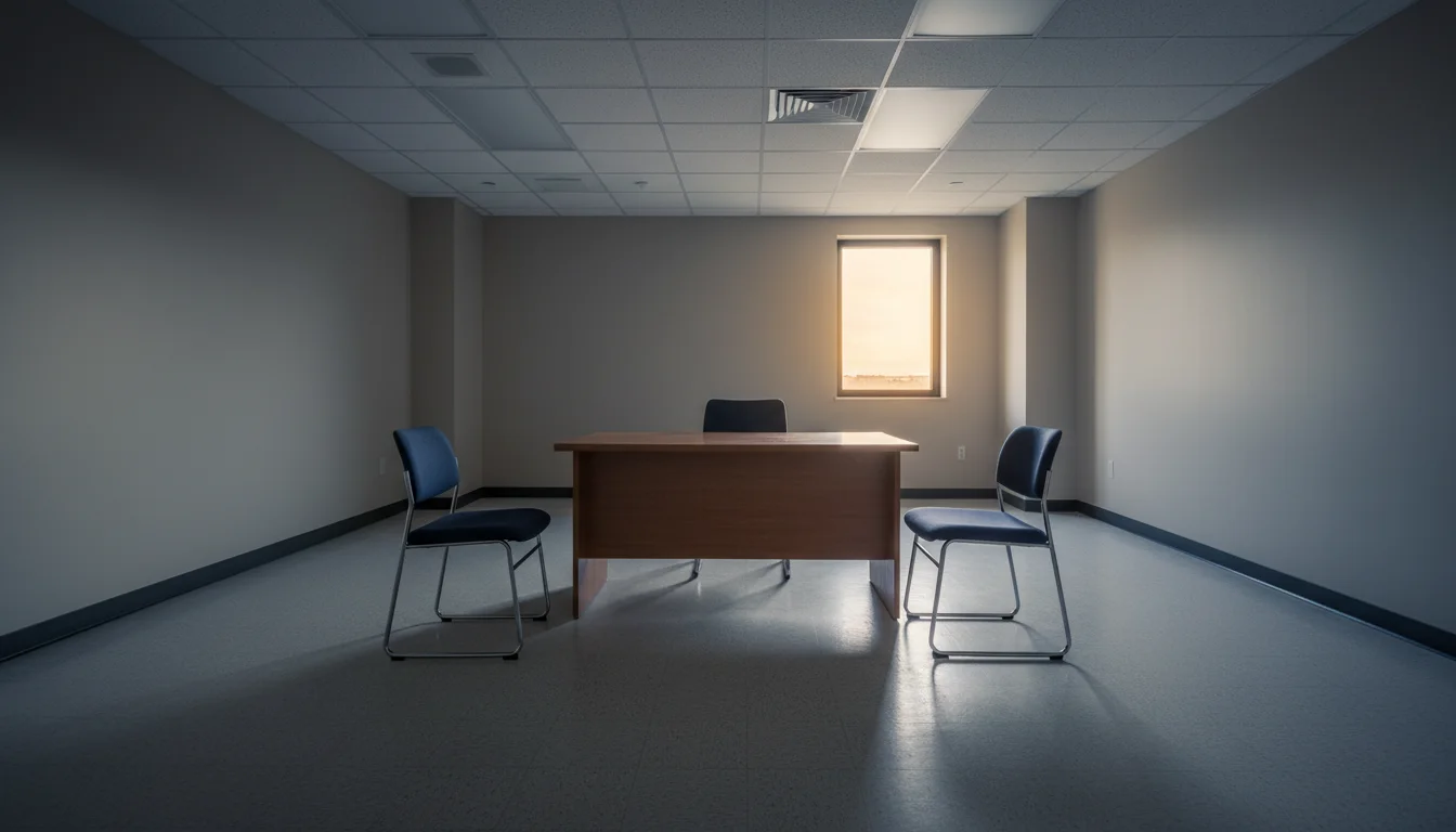 Empty government interview room with desk and two chairs, naturalization interview setting