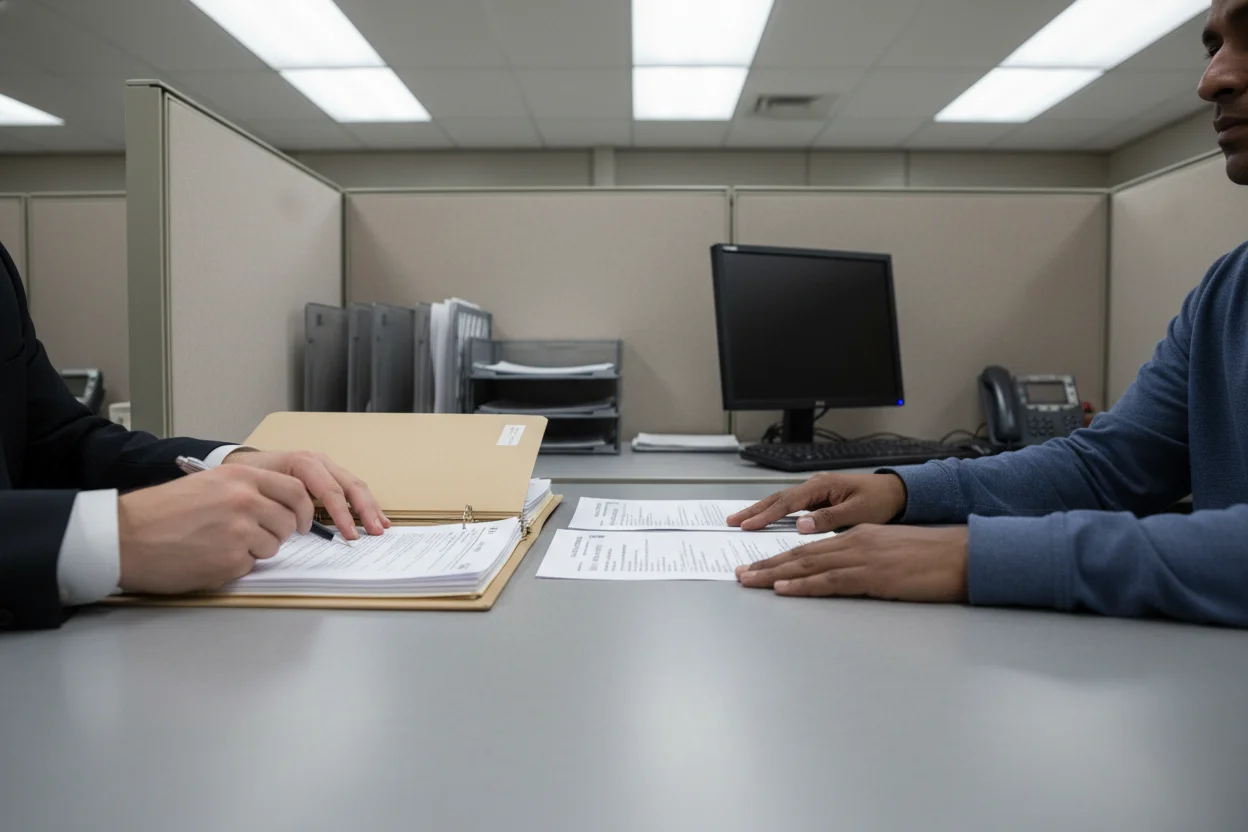Hands resting on a government desk beside an open manila folder during a naturalization interview