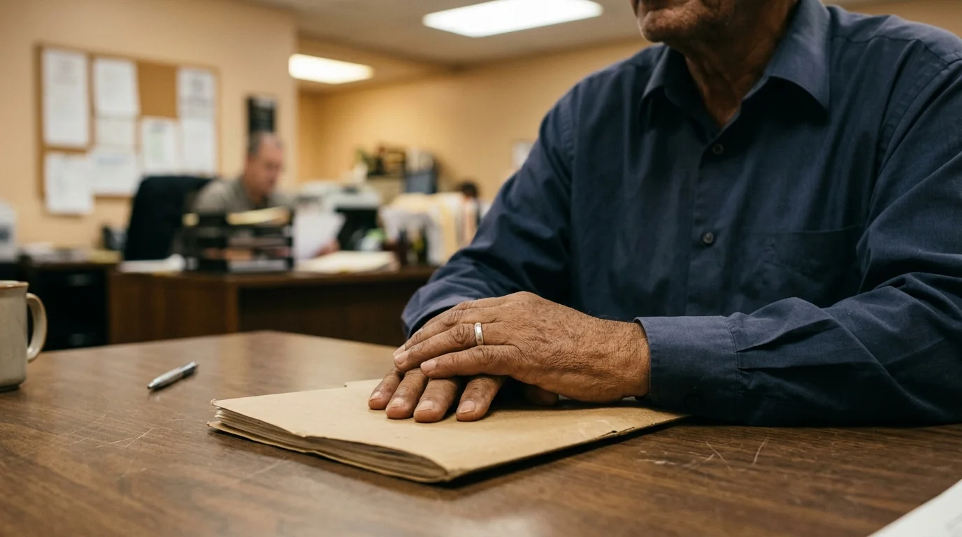 Middle Eastern man's hands resting on a folder of documents in a government office waiting room